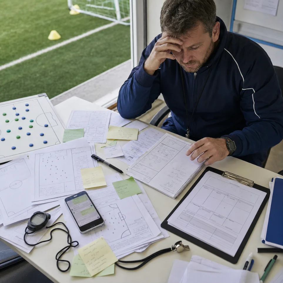 Entrenador abrumado con papeles sin sistema